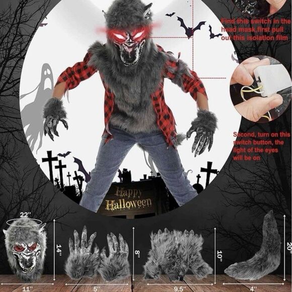 Boys Werewolf Costume with Light Up Mask Full Set Gloves, Shoe Covers, Tail - Picture 3 of 5